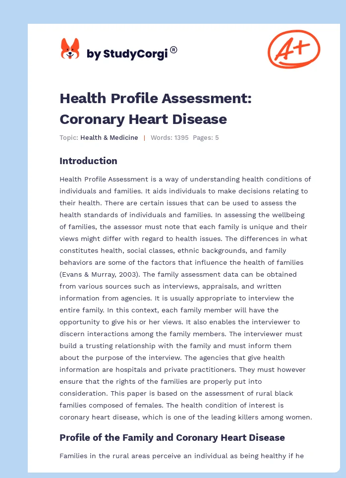Health Profile Assessment: Coronary Heart Disease. Page 1