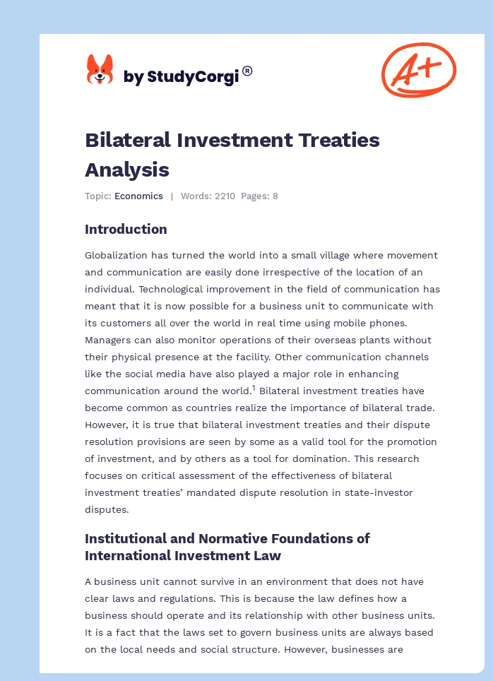 Bilateral Investment Treaties Analysis. Page 1