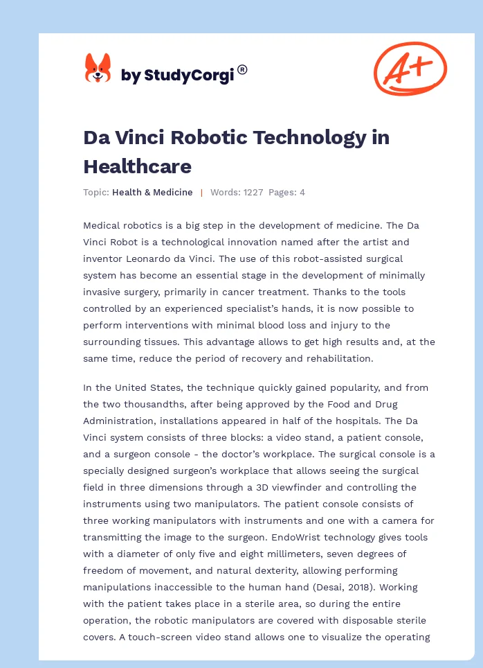 Da Vinci Robotic Technology in Healthcare. Page 1
