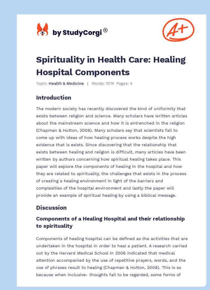 Spirituality in Health Care: Healing Hospital Components. Page 1