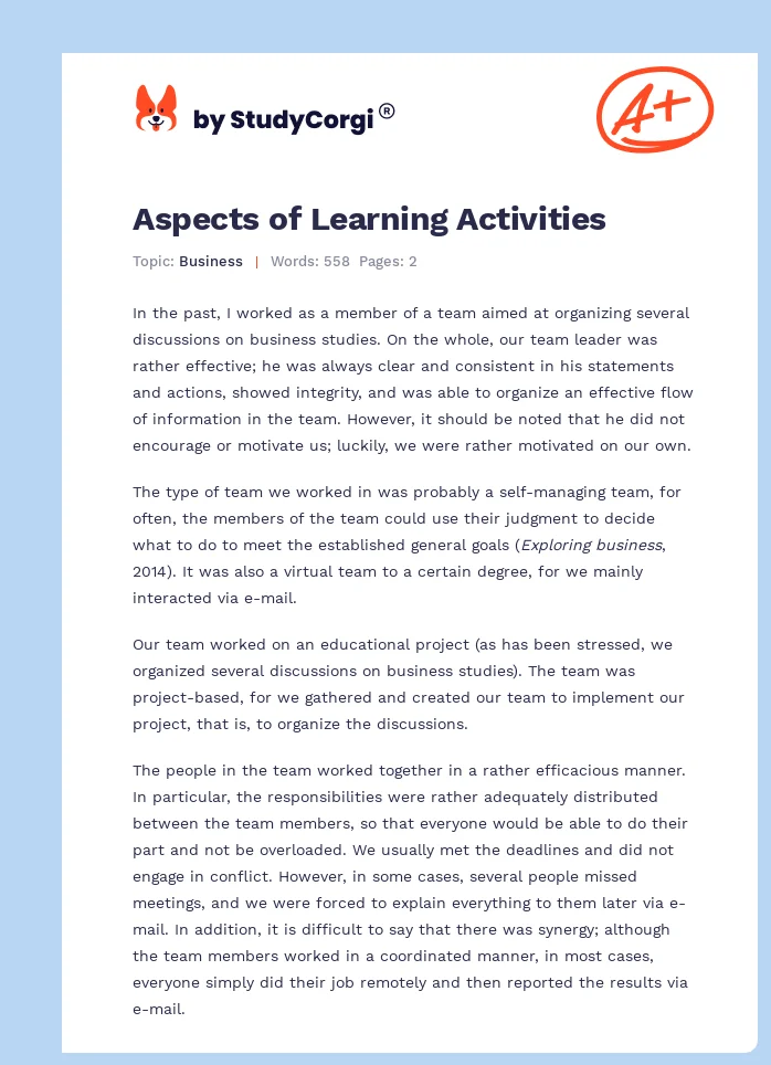 Aspects of Learning Activities. Page 1
