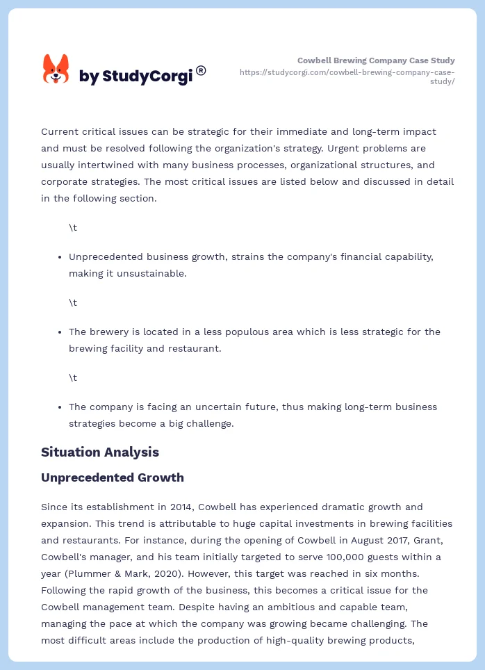 Cowbell Brewing Company Case Study. Page 2