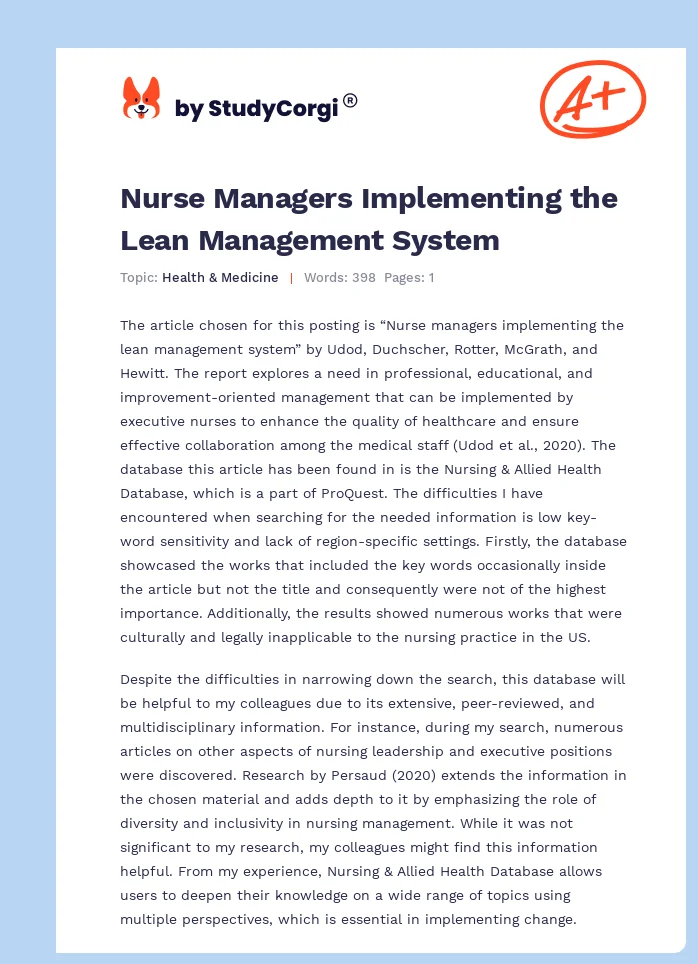 Nurse Managers Implementing the Lean Management System. Page 1