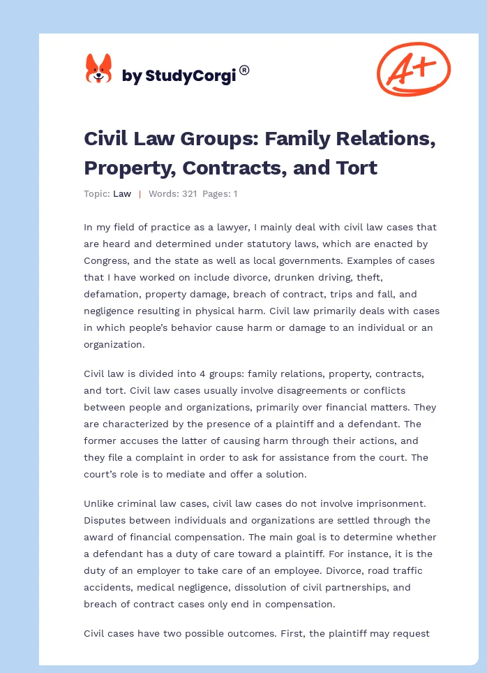 Civil Law Groups: Family Relations, Property, Contracts, and Tort. Page 1