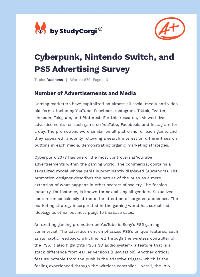 Cyberpunk, Nintendo Switch, and PS5 Advertising Survey. Page 1