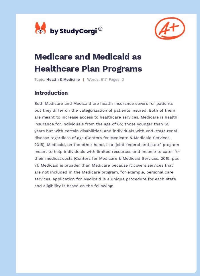 Medicare and Medicaid as Healthcare Plan Programs. Page 1