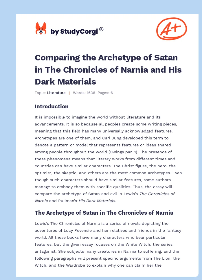 Comparing the Archetype of Satan in The Chronicles of Narnia and His Dark Materials. Page 1
