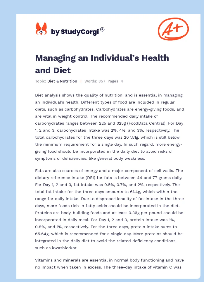 Managing an Individual’s Health and Diet. Page 1