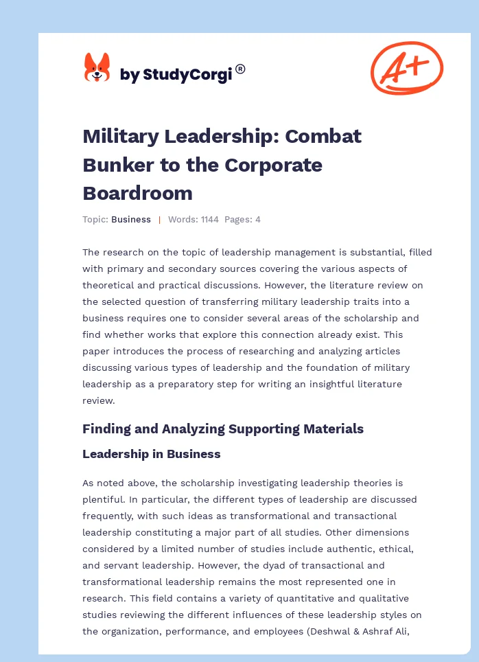 Military Leadership: Combat Bunker to the Corporate Boardroom. Page 1