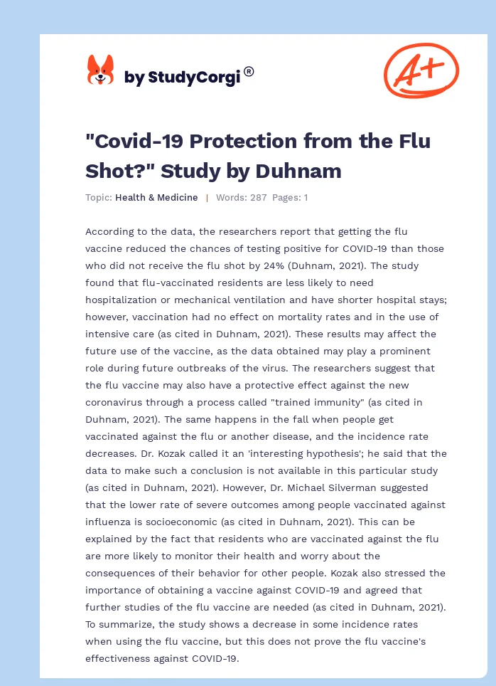 "Covid-19 Protection from the Flu Shot?" Study by Duhnam. Page 1