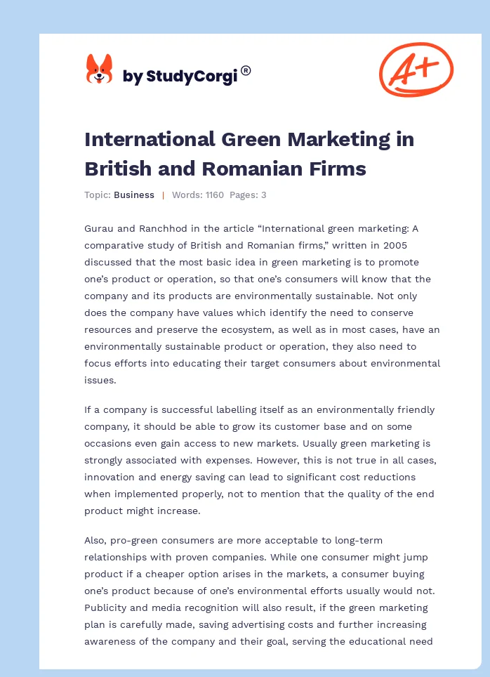 International Green Marketing in British and Romanian Firms. Page 1