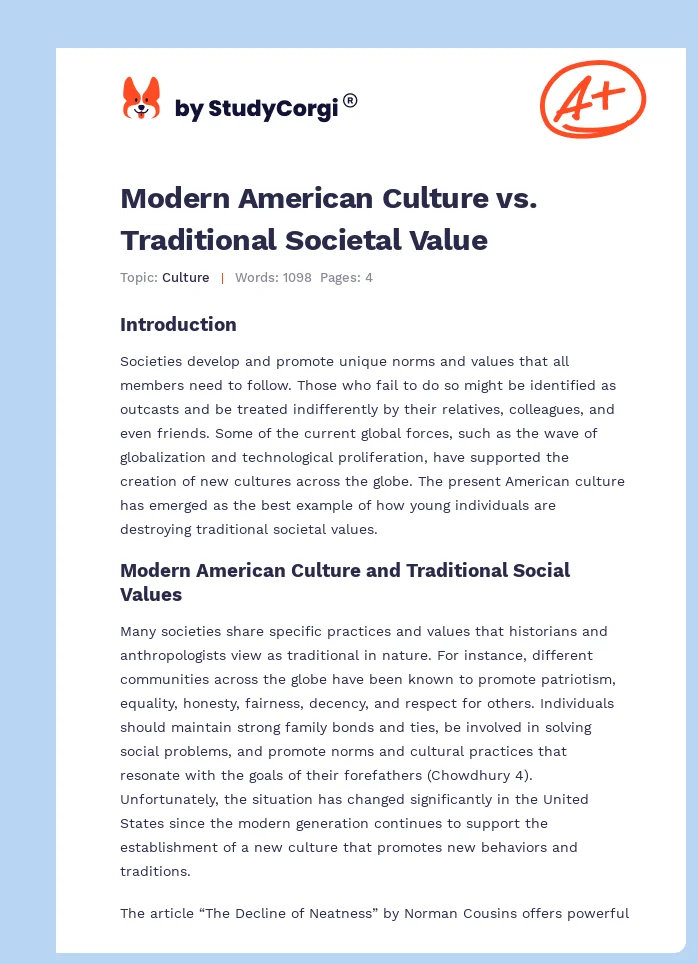 Modern American Culture vs. Traditional Societal Value. Page 1