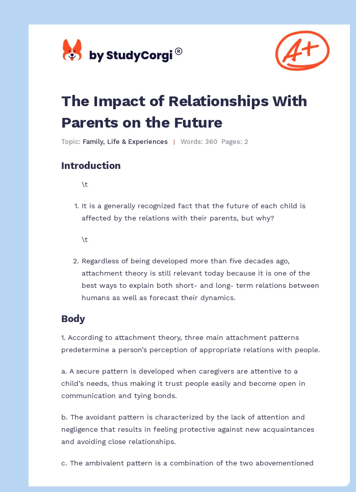 The Impact of Relationships With Parents on the Future. Page 1