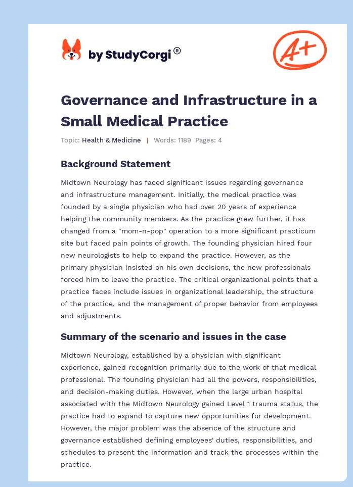 Governance and Infrastructure in a Small Medical Practice. Page 1