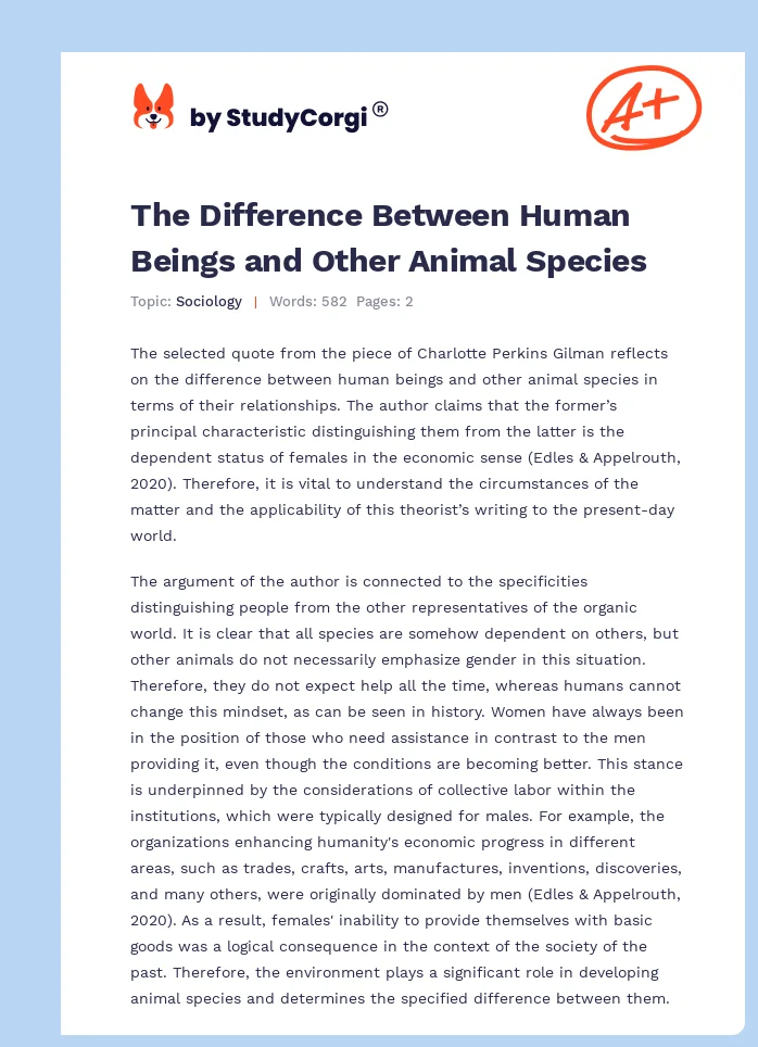 The Difference Between Human Beings and Other Animal Species. Page 1