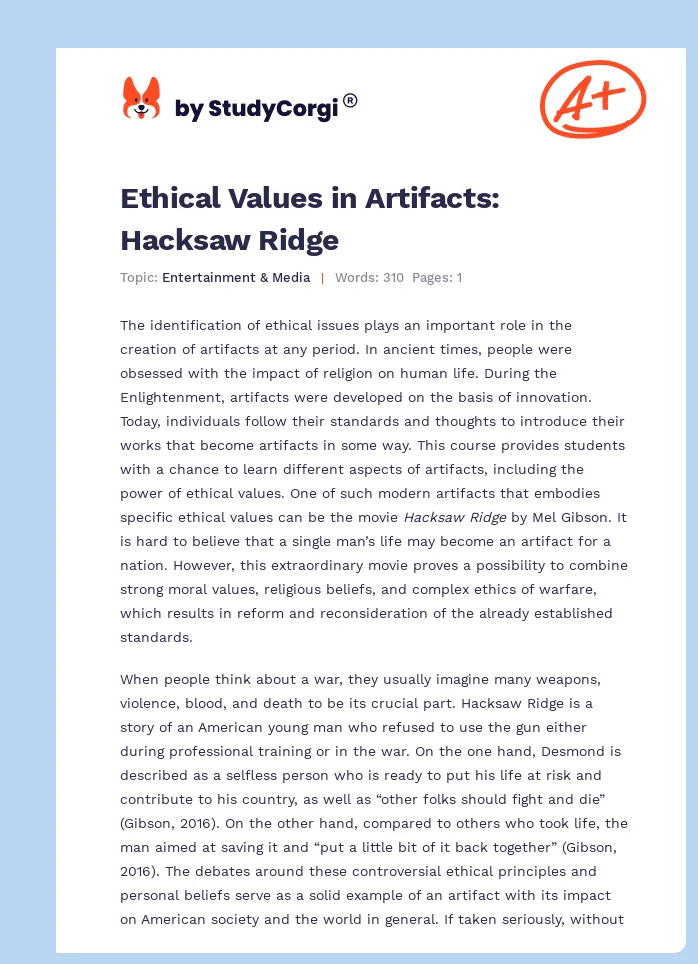 Ethical Values in Artifacts: Hacksaw Ridge. Page 1