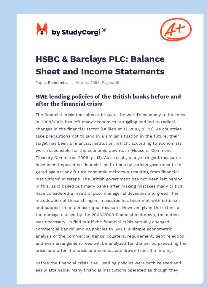 HSBC & Barclays PLC: Balance Sheet and Income Statements. Page 1