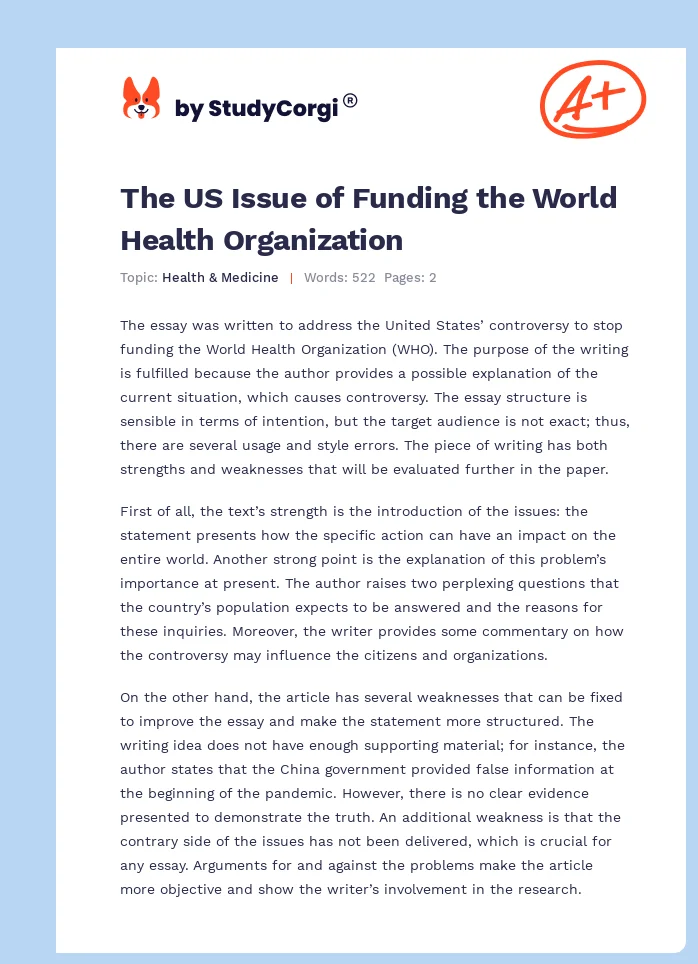 The US Issue of Funding the World Health Organization. Page 1