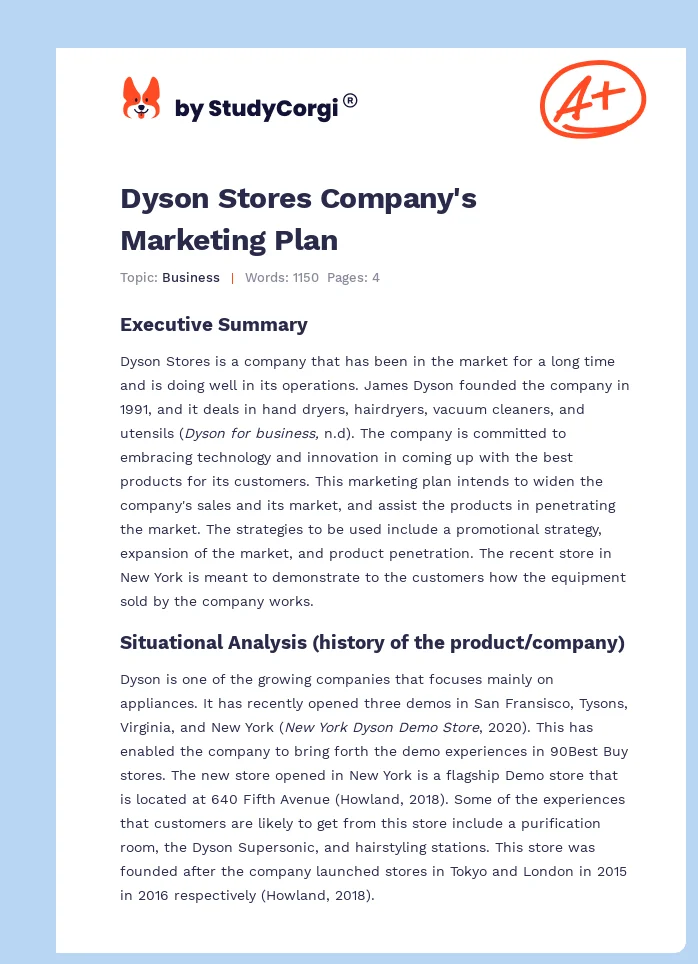 Dyson Stores Company's Marketing Plan. Page 1