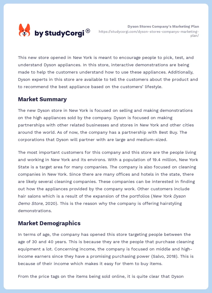 Dyson Stores Company's Marketing Plan. Page 2