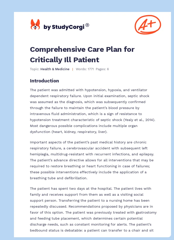Comprehensive Care Plan for Critically Ill Patient. Page 1