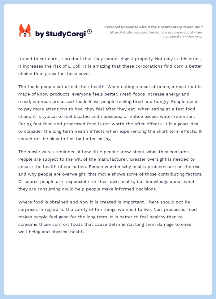 Personal Response About the Documentary “Food Inc.”. Page 2