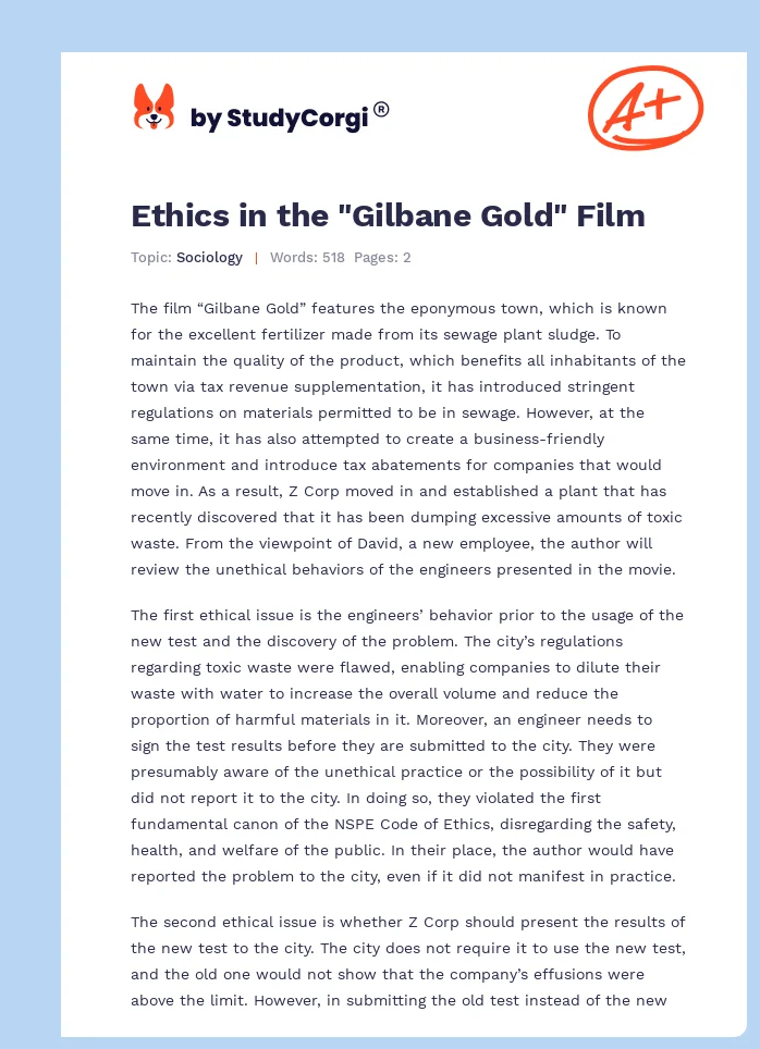 Ethics in the "Gilbane Gold" Film. Page 1