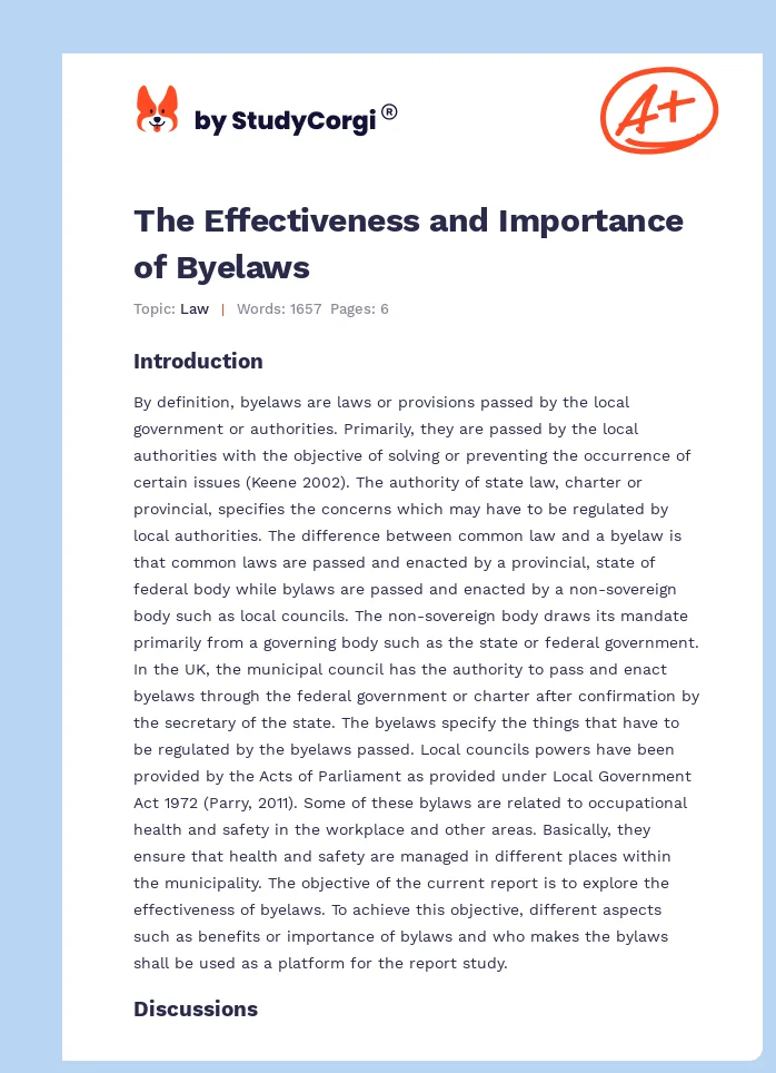 The Effectiveness and Importance of Byelaws. Page 1