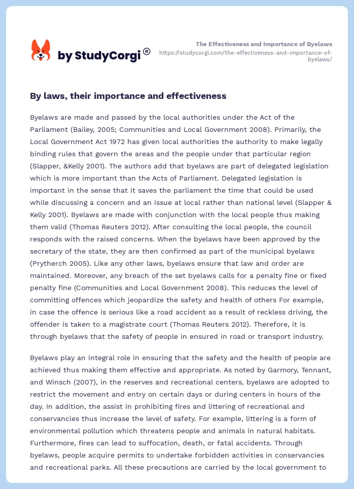 The Effectiveness and Importance of Byelaws. Page 2
