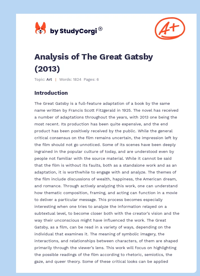 Analysis of The Great Gatsby (2013). Page 1