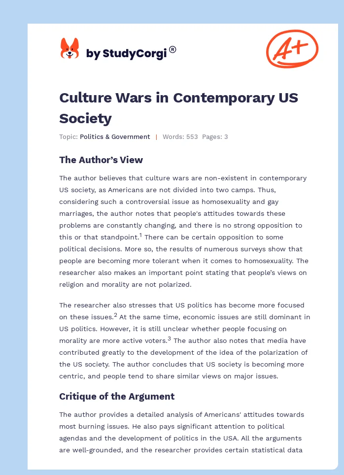Culture Wars in Contemporary US Society. Page 1