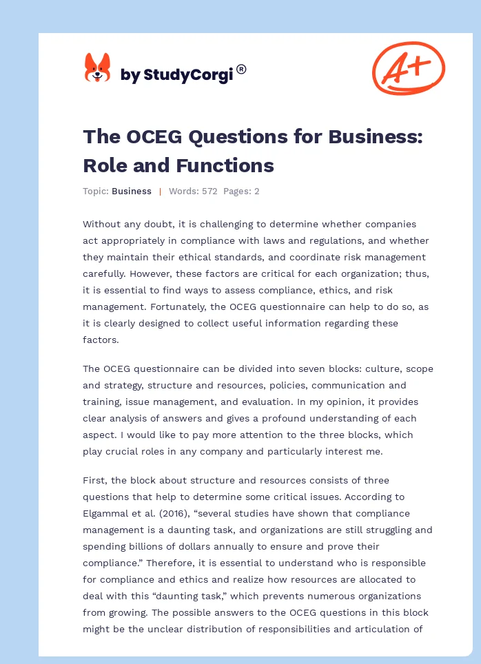 The OCEG Questions for Business: Role and Functions. Page 1