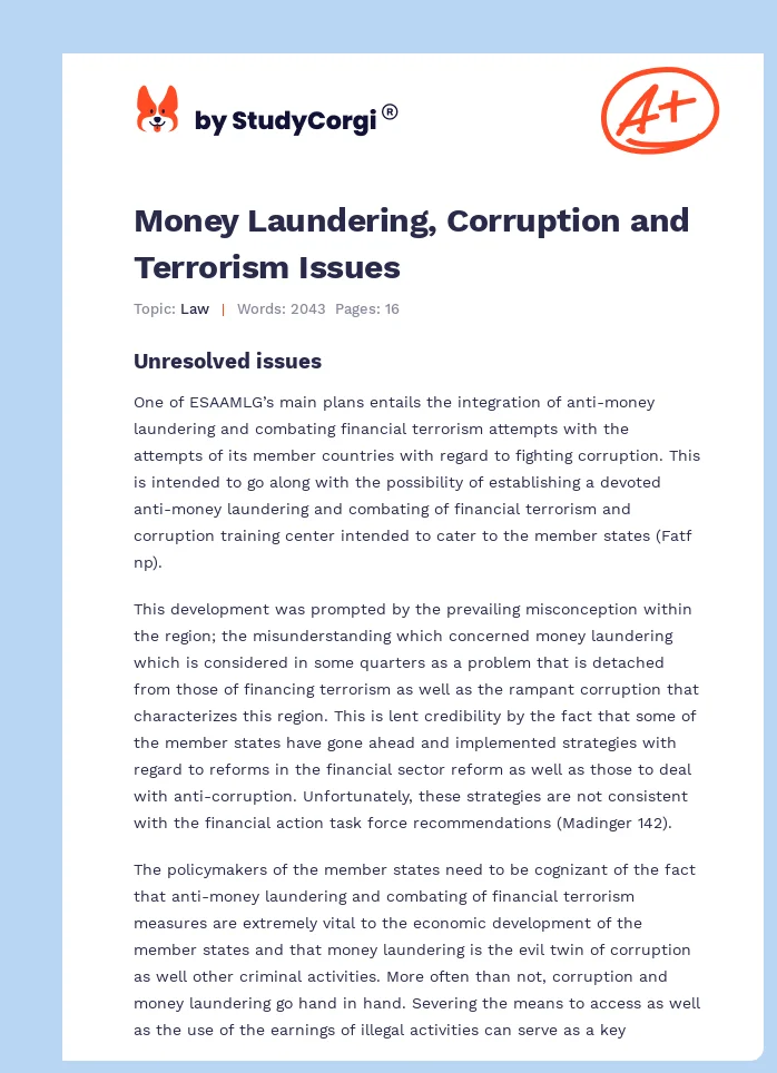 Money Laundering, Corruption and Terrorism Issues. Page 1
