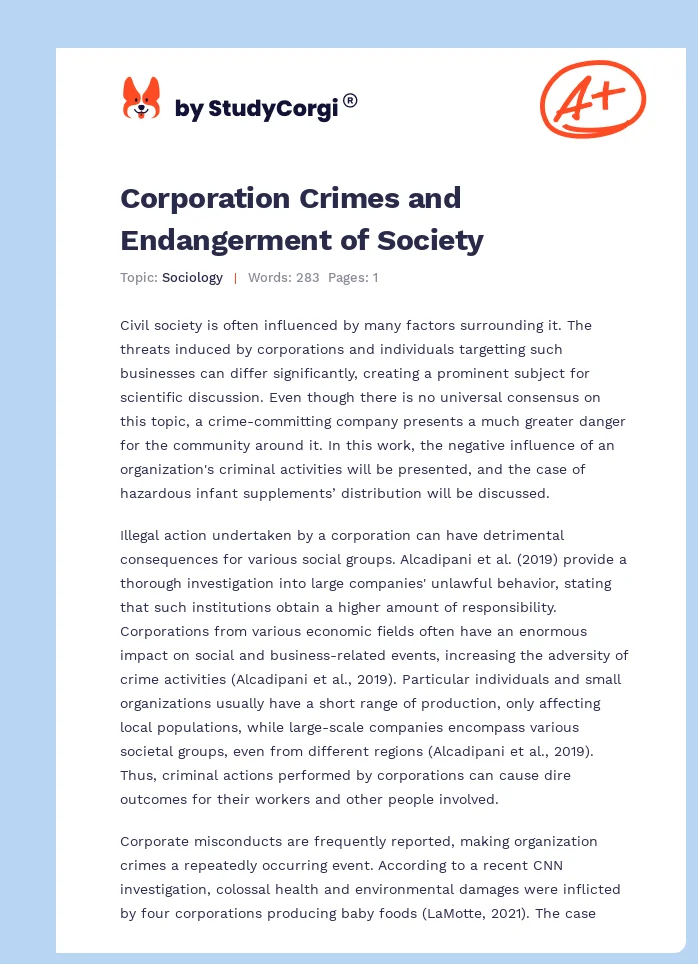 Corporation Crimes and Endangerment of Society. Page 1