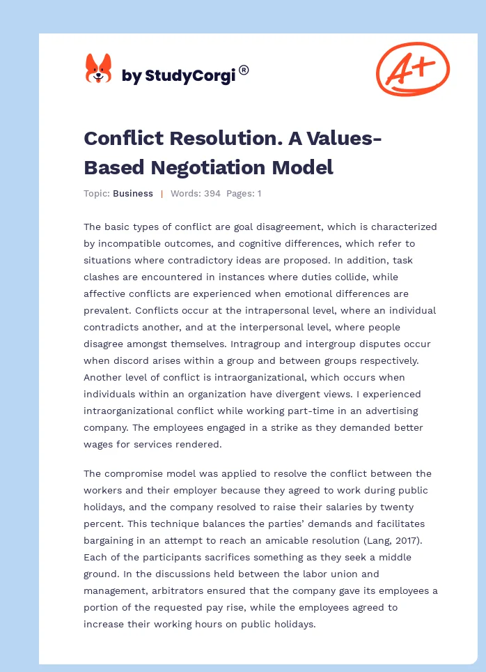 Conflict Resolution. A Values-Based Negotiation Model. Page 1
