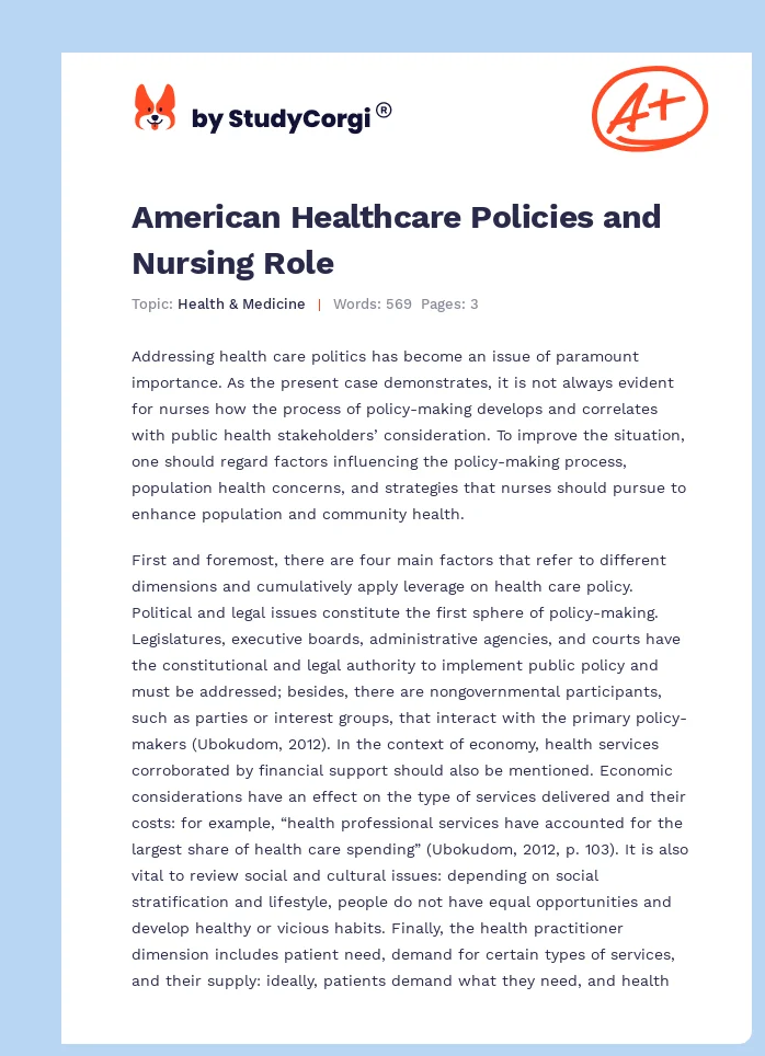 American Healthcare Policies and Nursing Role. Page 1
