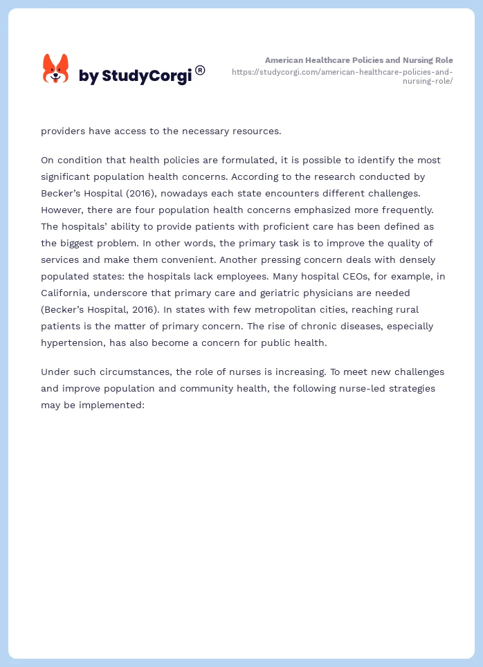 American Healthcare Policies and Nursing Role. Page 2