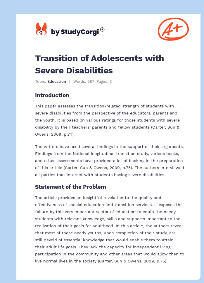 Transition of Adolescents with Severe Disabilities. Page 1