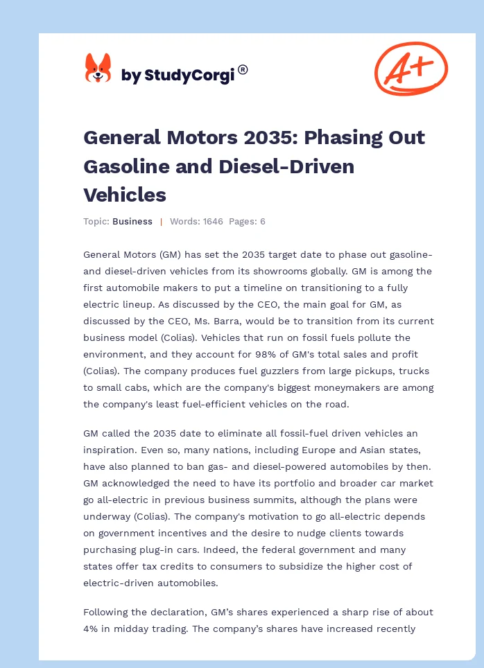 General Motors 2035: Phasing Out Gasoline and Diesel-Driven Vehicles. Page 1