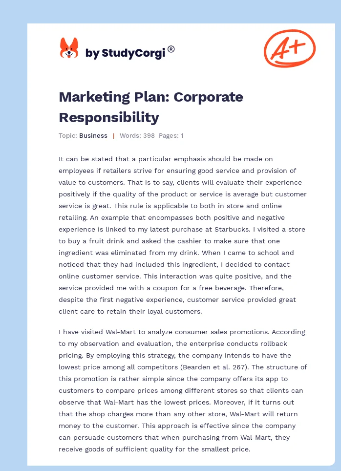 Marketing Plan: Corporate Responsibility. Page 1