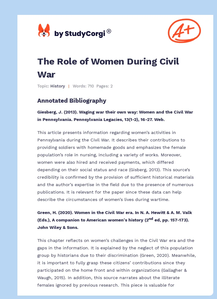 The Role of Women During Civil War. Page 1