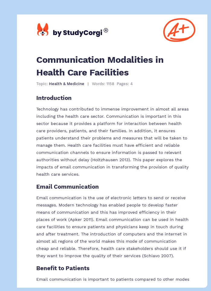 Communication Modalities in Health Care Facilities. Page 1