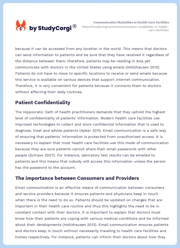 Communication Modalities in Health Care Facilities. Page 2