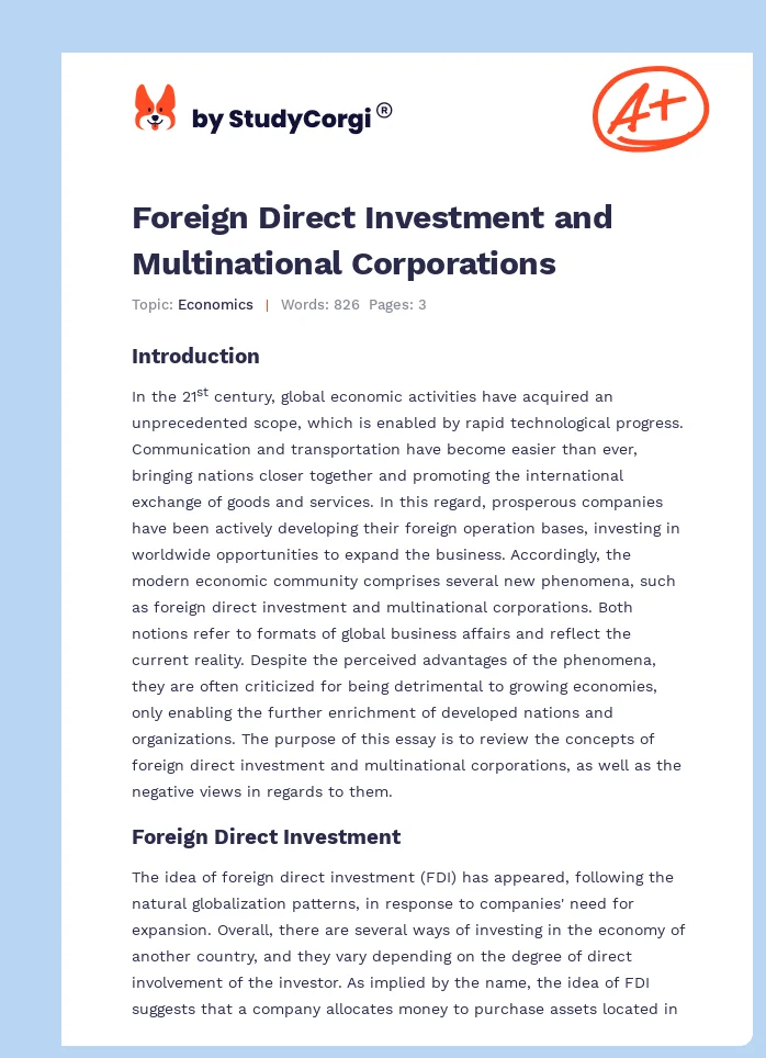 Foreign Direct Investment and Multinational Corporations. Page 1