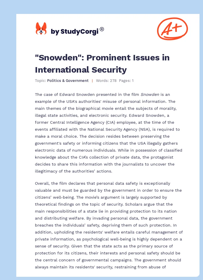 "Snowden": Prominent Issues in International Security. Page 1