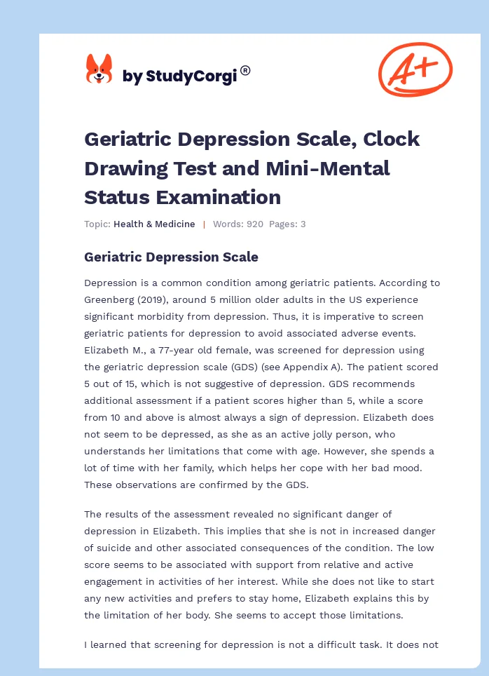 Geriatric Depression Scale, Clock Drawing Test and Mini-Mental Status Examination. Page 1