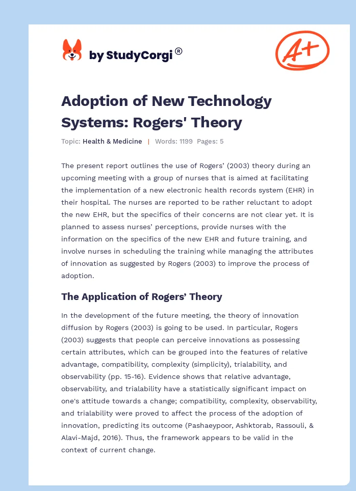 Adoption of New Technology Systems: Rogers' Theory. Page 1