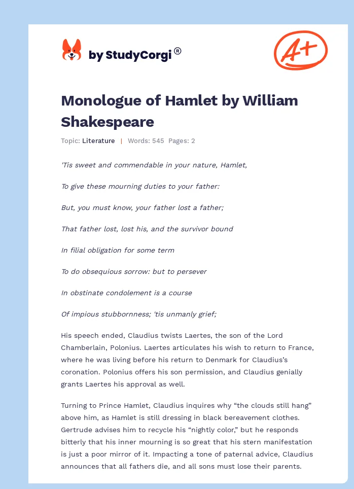 Monologue of Hamlet by William Shakespeare. Page 1