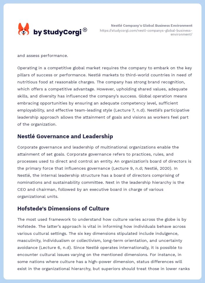 Nestlé Company's Global Business Environment. Page 2