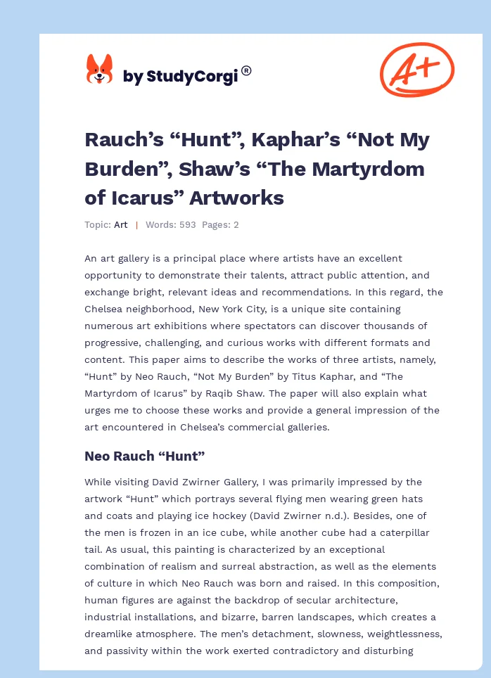 Rauch’s “Hunt”, Kaphar’s “Not My Burden”, Shaw’s “The Martyrdom of Icarus” Artworks. Page 1